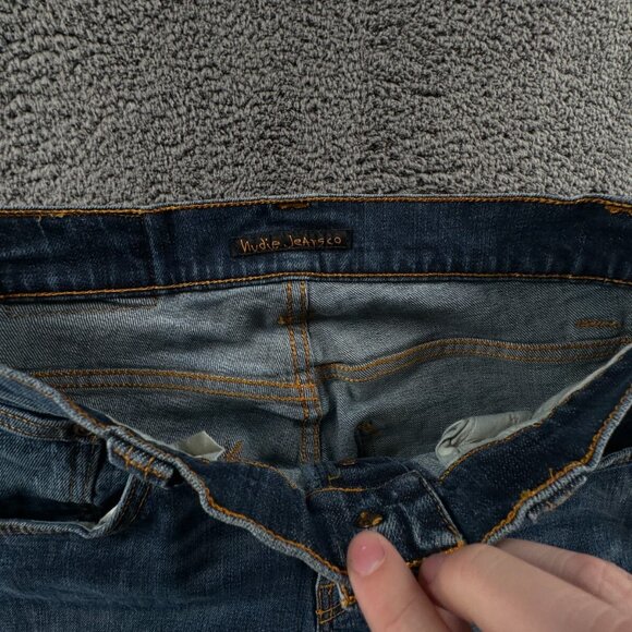 Nudie Jeans Blue Denim Trousers Designer Size 28x32 Grim Tim Org Teal Blue Adult - Picture 7 of 14